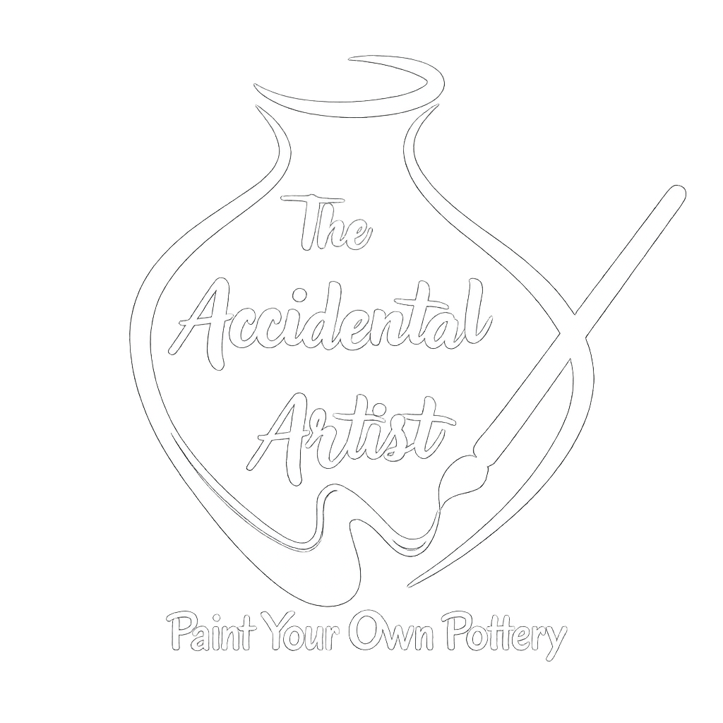 Outline of a pottery jar with brush, text: 'The Accidental Artist, Paint Your Own Pottery'.