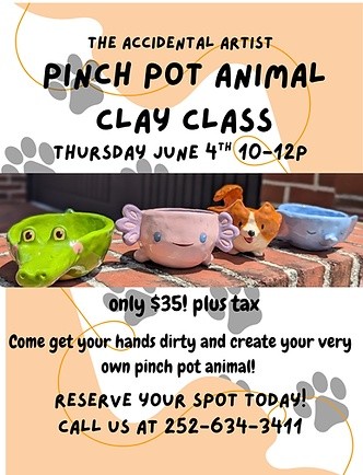 Flyer for clay class featuring animal pinch pots on a table.
