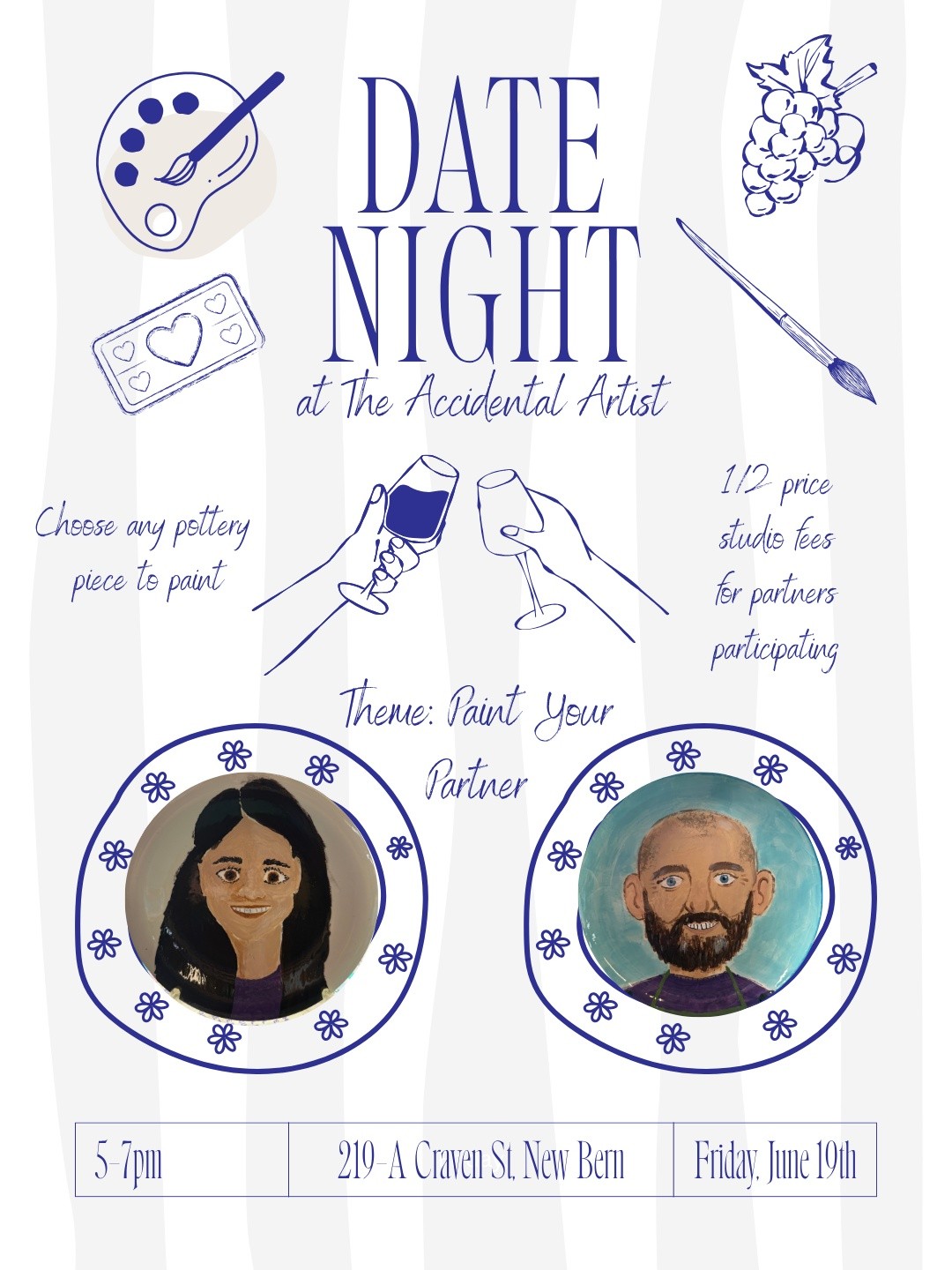 Poster for Date Night pottery event with paint palettes, wine glasses, and painted plates.