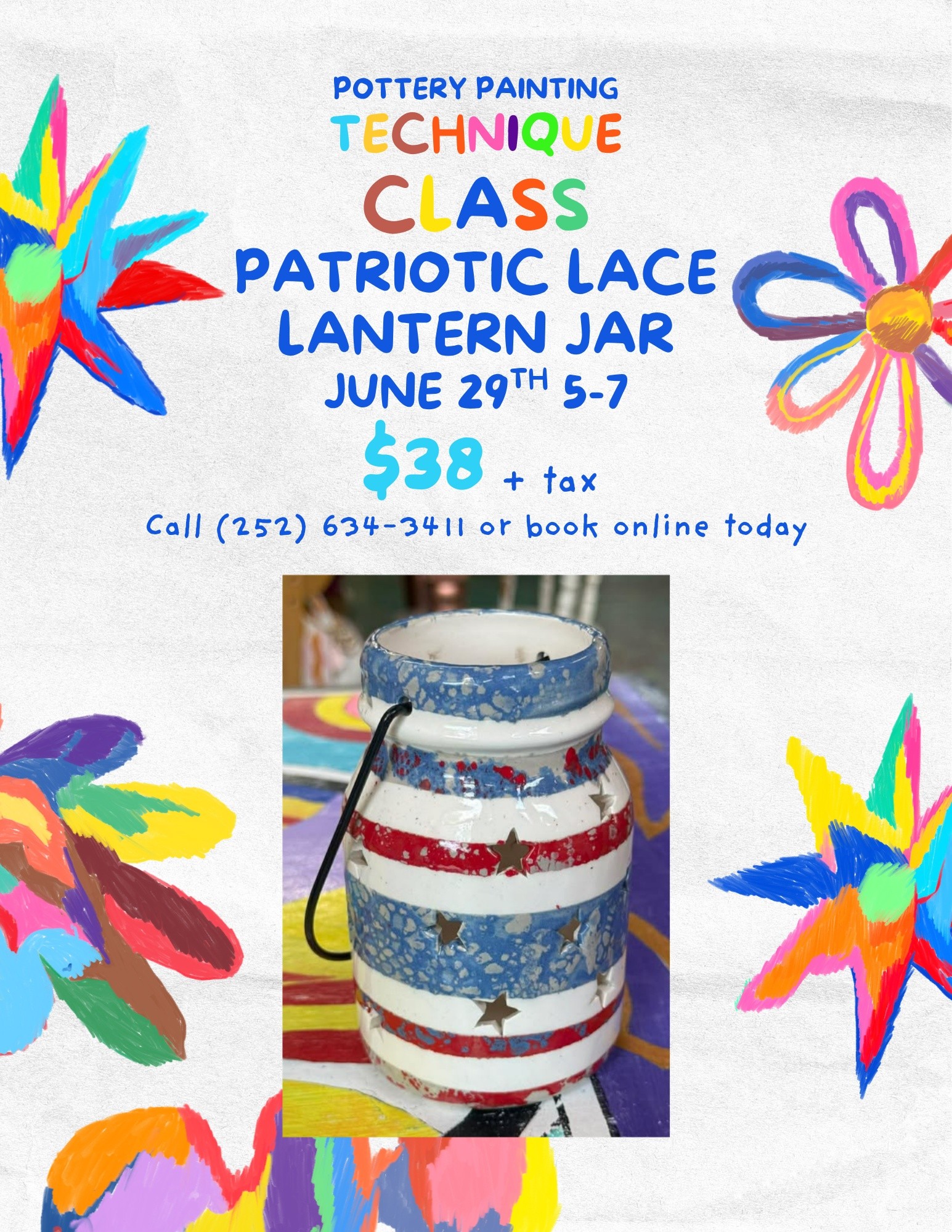 Colorful pottery painting class poster with patriotic lace lantern jar and floral art.